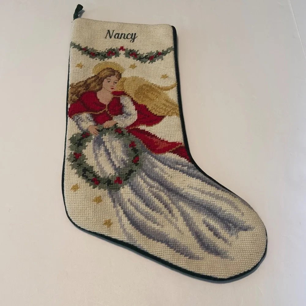 Lands End Angel Needlepoint Christmas Stocking Green Velvet Vintage Nancy 17in